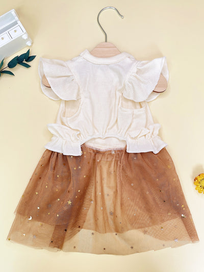 Starry Sky Princess Dog Dress: Khaki Knitted Dress with Puff Sleeves and Mesh Skirt