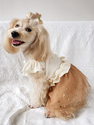 Starry Sky Princess Dog Dress: Khaki Knitted Dress with Puff Sleeves and Mesh Skirt