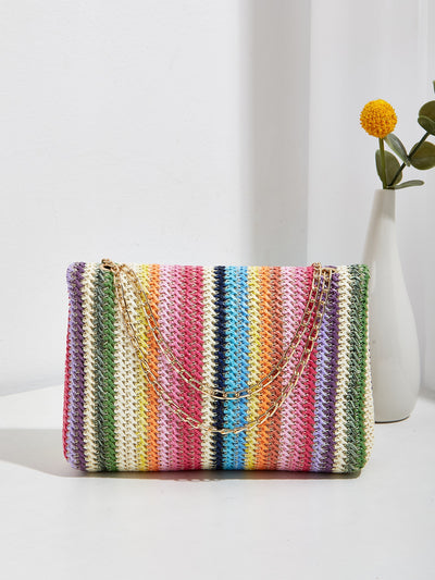 Rainbow Dreams: Striped Pattern Flap Straw Bag for Your Vacation Getaway