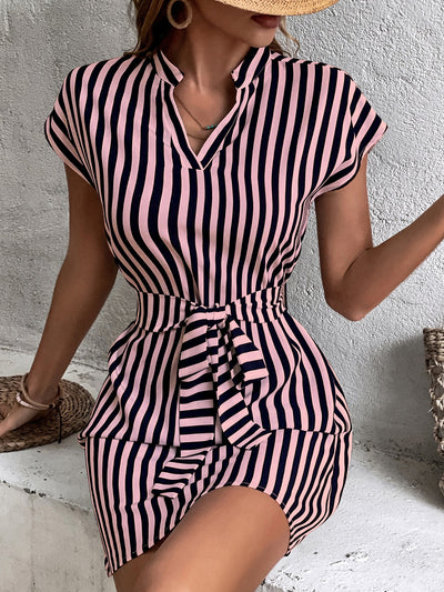 Chic and Sophisticated: Striped Print Notched Neckline Batwing Sleeve Belted Dress