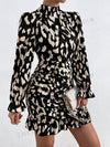 Chic and Classy: Allover Print Mock Neck Dress with Flounce Sleeves and Ruffle Hem