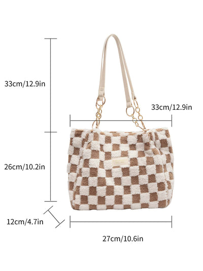 Chic Checkered Fuzzy Shoulder Tote Bag for Stylish Professionals and Students