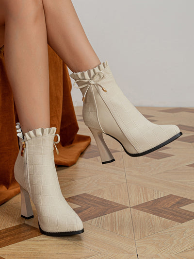 Chic and Elegant: Ruffle Trim Bow Decor Point Toe Heeled Boots