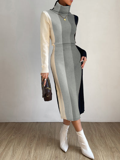 Cozy Chic: Color Block Turtleneck Sweater Dress