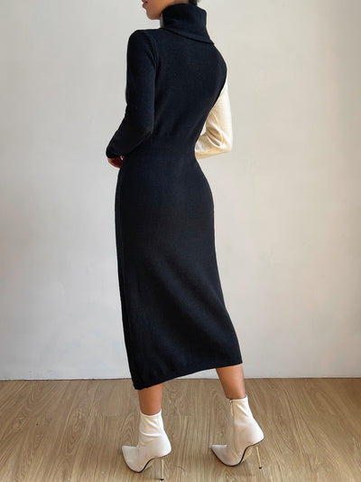 Experience comfort and style with our Cozy Chic: Color Block Turtleneck Sweater Dress. Made with a soft and warm material, this dress features a trendy color block design and a classic turtleneck. Perfect for any occasion, stay chic and cozy all day long.