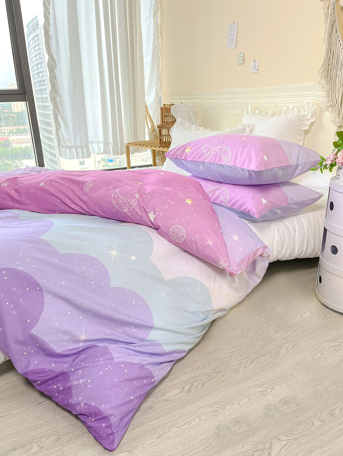 Transform your bedroom into a celestial oasis with our Starry Night Planet Pattern Duvet Cover Set. Featuring a stunning pattern of twinkling stars and planets, this set will transport you to another world as you sleep. Embrace the wonders of the universe and drift off to dreamland in style.