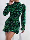 Chic and Classy: Allover Print Mock Neck Dress with Flounce Sleeves and Ruffle Hem