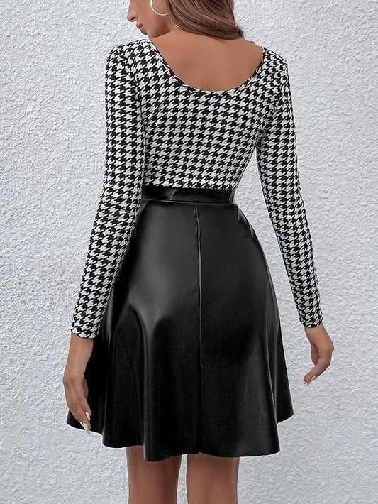 Chic and Classic: Houndstooth Print Scoop Neck Contrast PU Dress