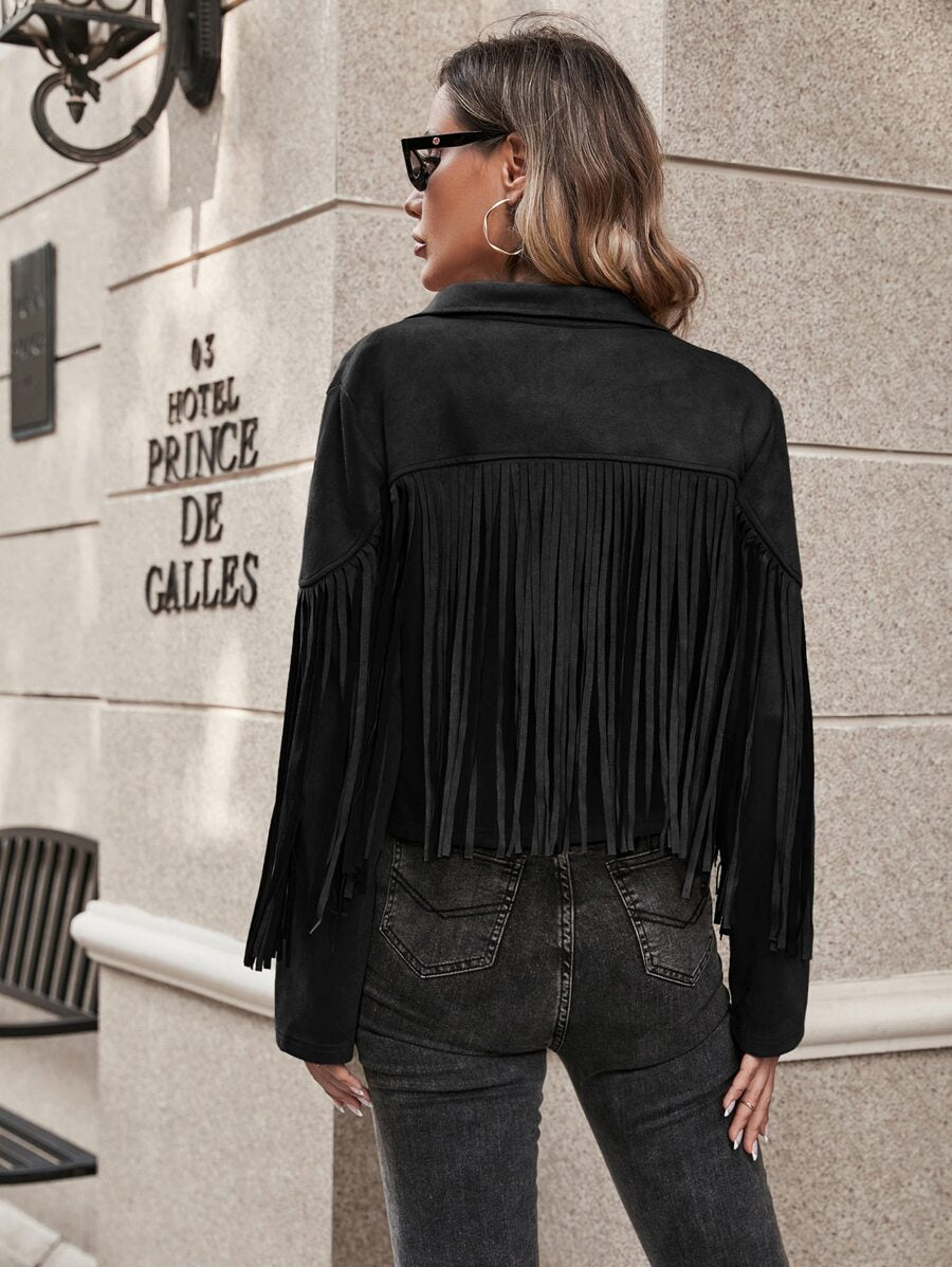 Black cropped western fringe jacket, front view