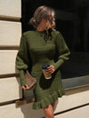 Chic Autumn Elegance: Solid Color Long Sleeve Ruffle Hem Sweater Dress