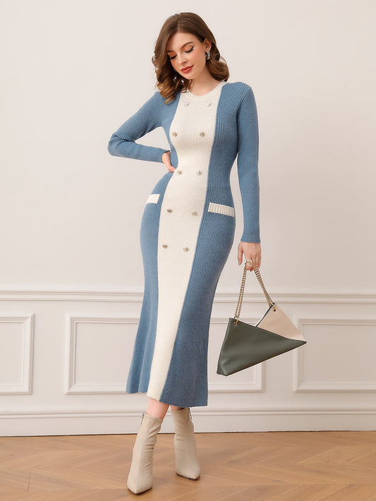 Upgrade your winter wardrobe with our Chic and Cozy Colorblock Button Detail Sweater Dress. Featuring a stylish colorblock design and button detailing, this dress will keep you warm and fashion-forward. Made from high-quality materials, it offers both style and comfort. Elevate your look this season.