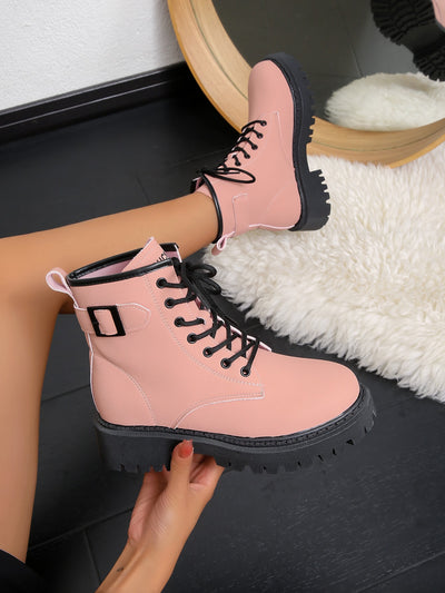 Preppy Pink Letter Detail Combat Boots: Stylish and Trendy Women's Fashion Shoes