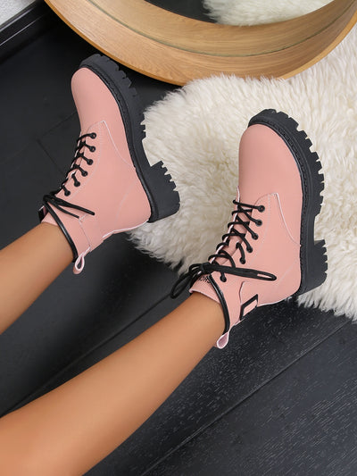 Preppy Pink Letter Detail Combat Boots: Stylish and Trendy Women's Fashion Shoes