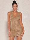 Radiant Elegance: Sequin Bodycon Dress with Draped Collar and Open Back