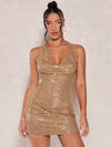 Radiant Elegance: Sequin Bodycon Dress with Draped Collar and Open Back