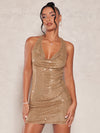 Radiant Elegance: Sequin Bodycon Dress with Draped Collar and Open Back