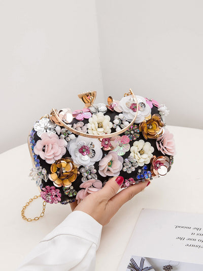 Elegant Rhinestone Floral Clip Top Box Bag – Perfect Evening Purse for Weddings, Prom, and Parties