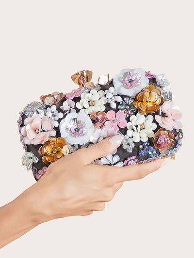 Elegant Rhinestone Floral Clip Top Box Bag – Perfect Evening Purse for Weddings, Prom, and Parties