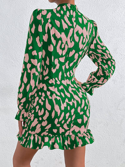 Chic and Classy: Allover Print Mock Neck Dress with Flounce Sleeves and Ruffle Hem