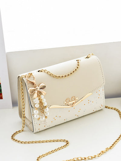 Chic Two-Tone Faux Pearl Decor Small Shoulder Bag