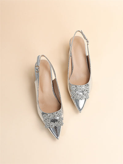 Silver Serpentine Slingback: Metallic Snakeskin Rhinestone Pumps