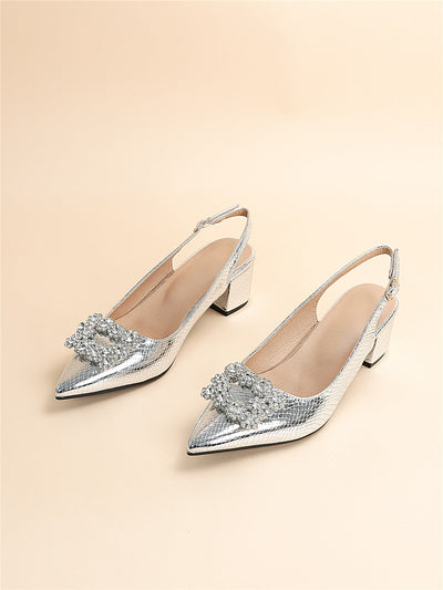 Silver Serpentine Slingback: Metallic Snakeskin Rhinestone Pumps