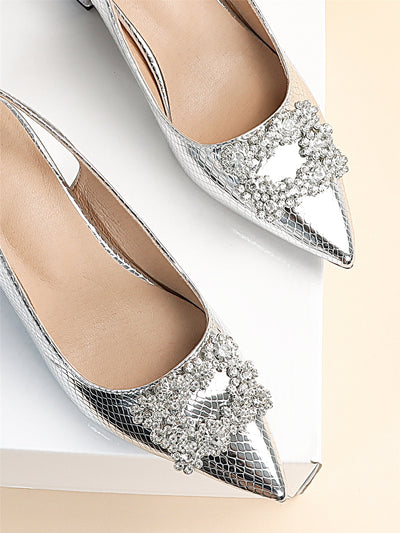 Silver Serpentine Slingback: Metallic Snakeskin Rhinestone Pumps