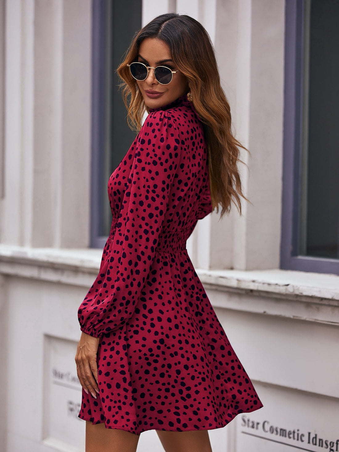 Expertly crafted with a shirred waist and chic all-over print, this dress is perfect for any occasion. Its stylish design offers a flattering fit while its versatile style makes it a must-have in your wardrobe. From formal events to casual outings, this dress will have you looking and feeling your best.