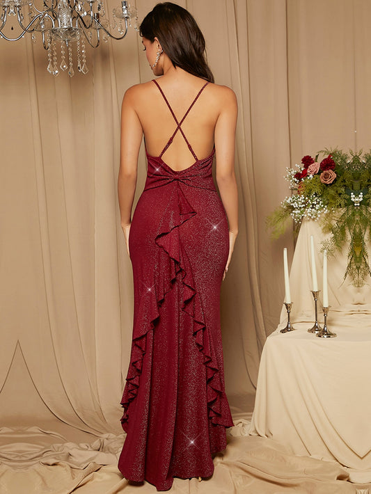 Elegantly Chic: Crisscross Backless Ruffle Trim Bridesmaid Dress