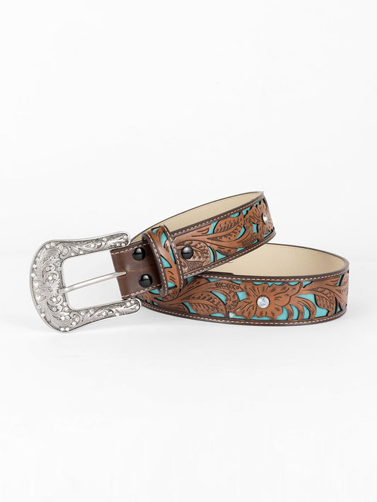 Vintage Cowgirl Chic: Colorful Flower Engraved Rhinestone Belt for Western Style Looks