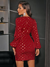 Festive Elegance: Gold Dot Print Lantern Sleeve Wrap Dress for Holiday Glam