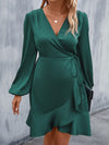 Elegant Ruffle Trim Satin Dress with Lantern Sleeves