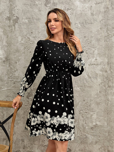 Enchanting Floral Fantasy: Polka Dot Flounce Sleeve Dress