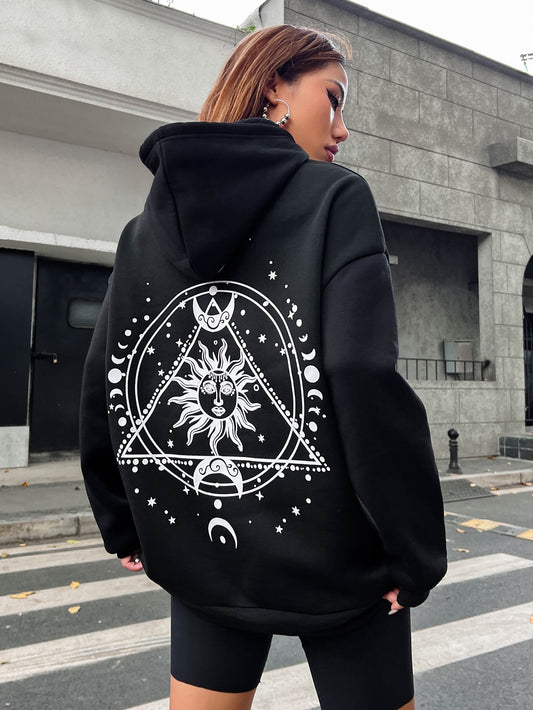 Celestial Vibes: Sun & Moon Print Drawstring Hoodie with Kangaroo Pocket