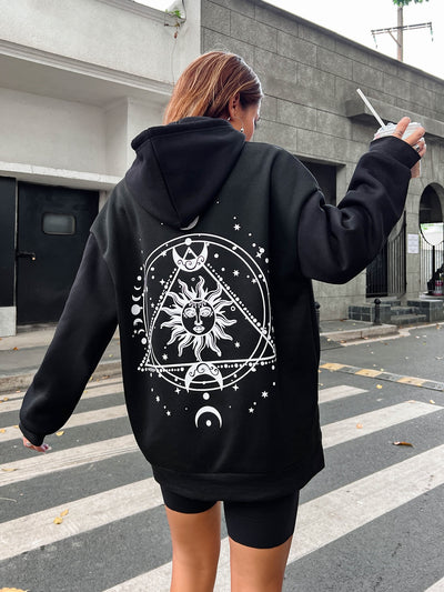 Celestial Vibes: Sun & Moon Print Drawstring Hoodie with Kangaroo Pocket