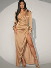 Radiant Elegance: Wrap Satin Dress with Sparkling Rhinestone Accents