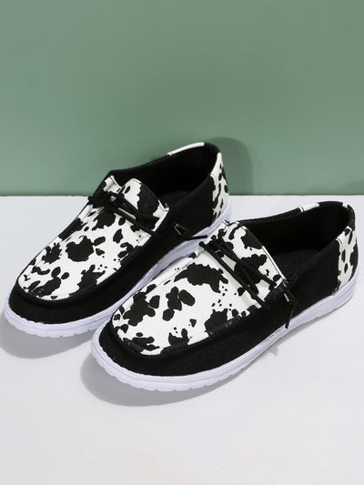 Cow Print Lace-Up Canvas Sneakers: Stylish Low-Cut Casual Footwear for Women