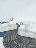 Black chunky sole sandals product view showing textured horizontal sidewall and footbed