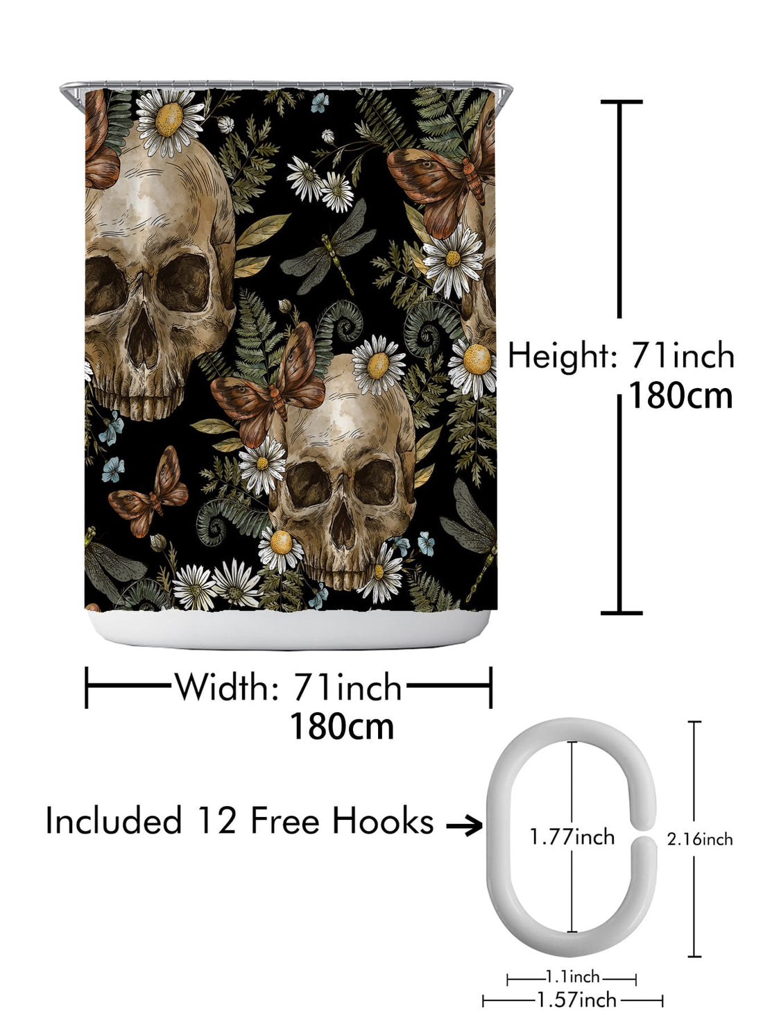 Introducing Splish Splash Skulls, the waterproof shower curtain with a beautiful floral pattern. Keep your bathroom dry and stylish with this durable curtain. Made with high-quality materials, it's perfect for any shower set-up. Say goodbye to messy bathrooms and hello to a refreshing shower experience.