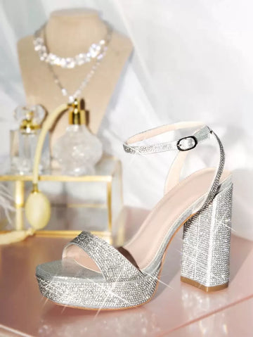 Silver rhinestone platform block heel sandals with ankle strap