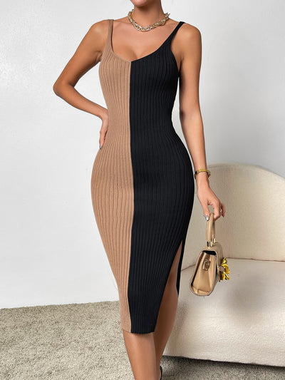 Chic and Sleek: Color Block Side Slit Bodycon Sweater Dress with Spaghetti Strap