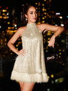 Shimmering Elegance: Fuzzy Hem Sequin Halter Dress