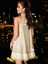 Shimmering Elegance: Fuzzy Hem Sequin Halter Dress