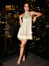 Shimmering Elegance: Fuzzy Hem Sequin Halter Dress