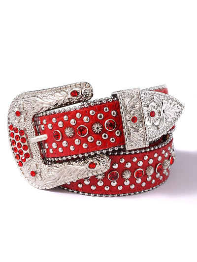 Step out in style with Sparkle and Shine: Unisex Crystal Diamond Studded Cowboy Belt. Made of luxurious leather, it adds a touch of glamour to any outfit. The crystal diamond studs make it a must-have for fashion lovers. Elevate your look with this statement piece.