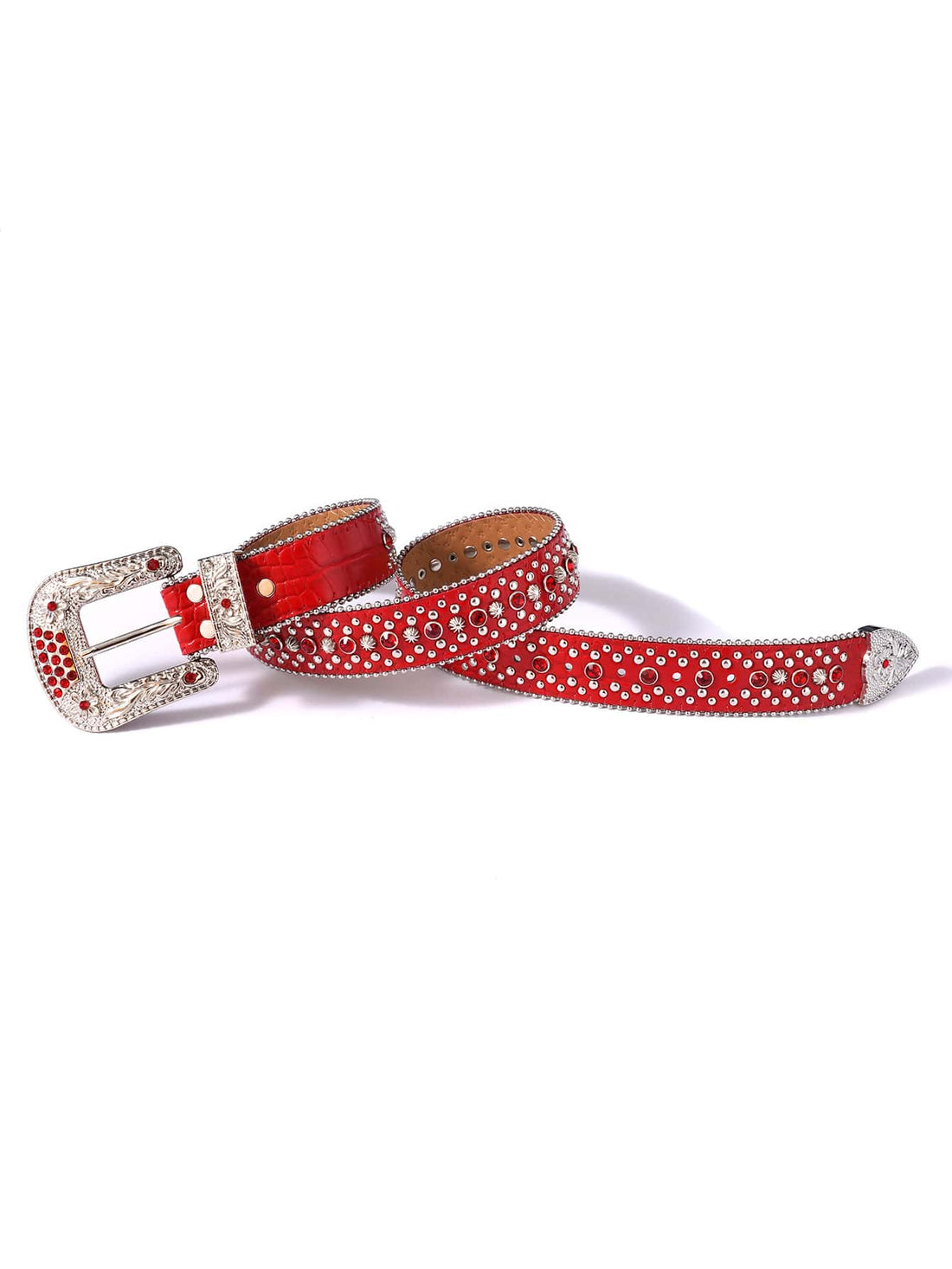 Step out in style with Sparkle and Shine: Unisex Crystal Diamond Studded Cowboy Belt. Made of luxurious leather, it adds a touch of glamour to any outfit. The crystal diamond studs make it a must-have for fashion lovers. Elevate your look with this statement piece.