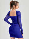 Radiant Ruched Mesh Overlay Dress with Frill Trim and Gigot Sleeves