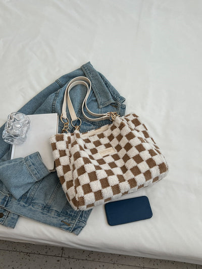 Chic Checkered Fuzzy Shoulder Tote Bag for Stylish Professionals and Students