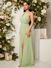 Enchanting Belle Keyhole Neck Split Thigh Bridesmaid Dress in Mint Green