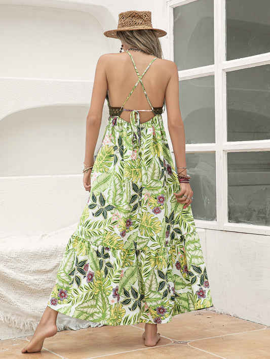 Summer Vibes: Tropical Print Lace-Up Backless Cami Dress